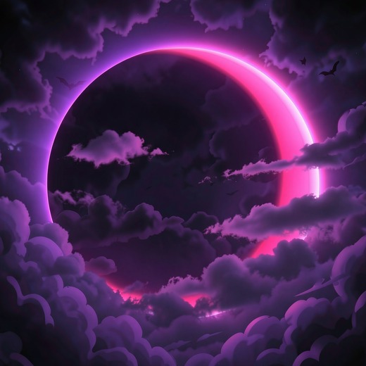 A neon pink crescent moon glowing through dark purple storm clouds, the Nightwick Studio logo